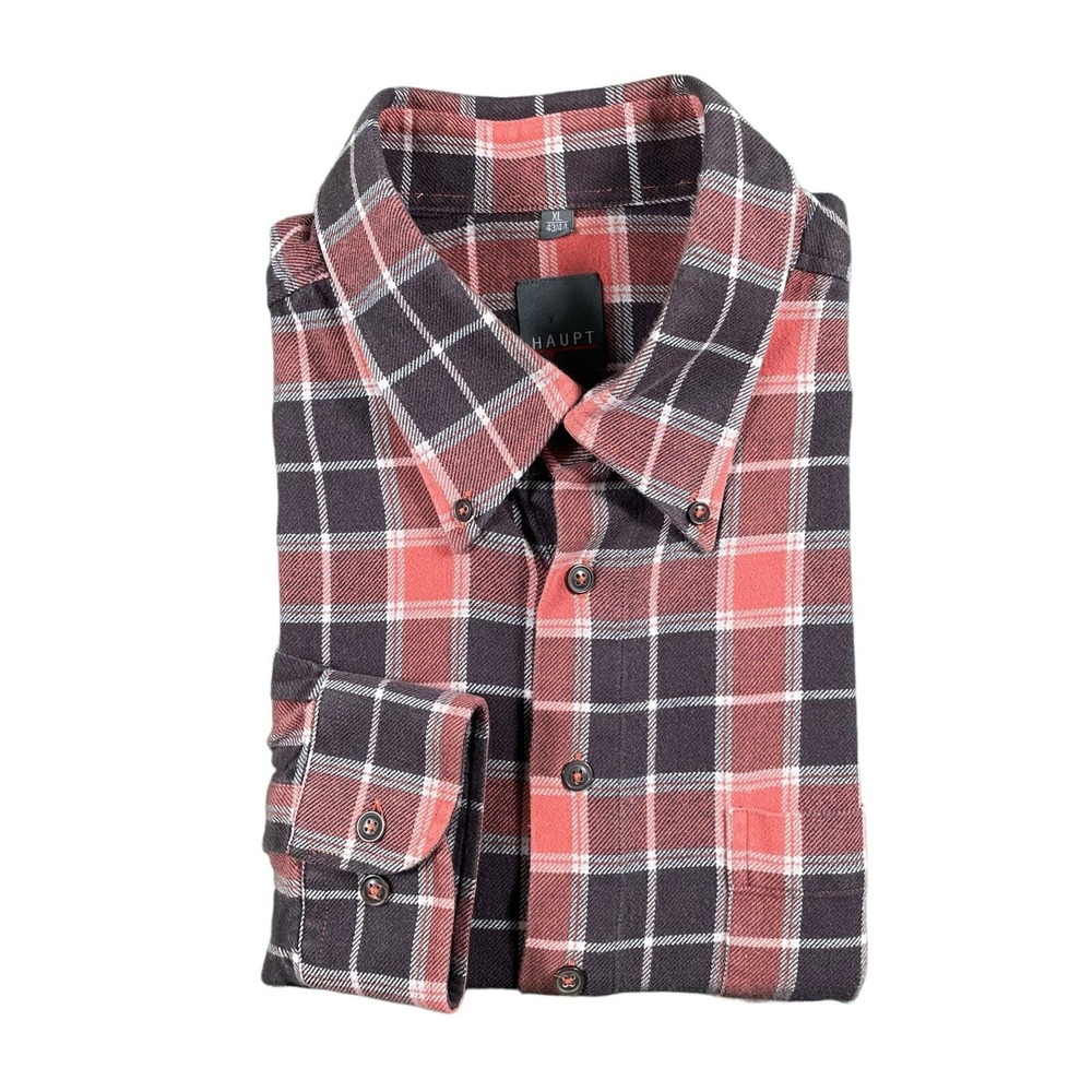 Haupt Coral Red/Gray/White Plaid L/S Cotton Flannel Shirt Mens Size XL 43/44 EUC